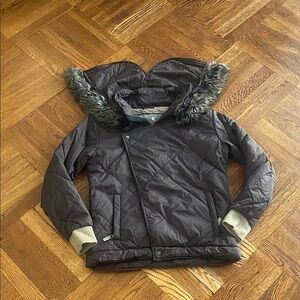 Sessions Chocolate Quilted Snow Jacket with Removable faux fur trim.